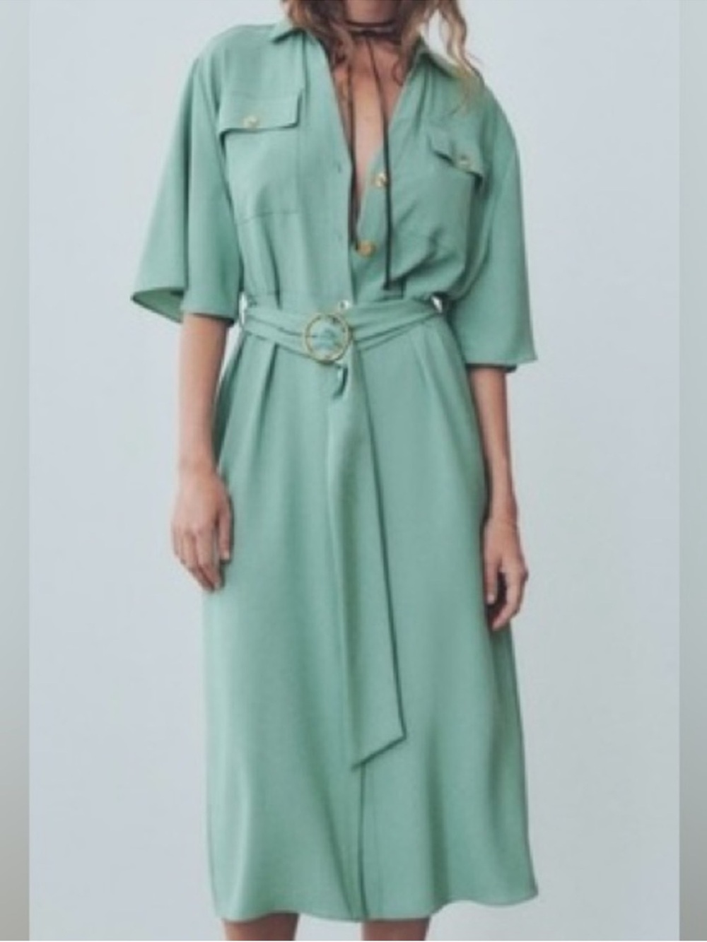 Zara| Green Boho Belted Midi Shirt Dress Sz L